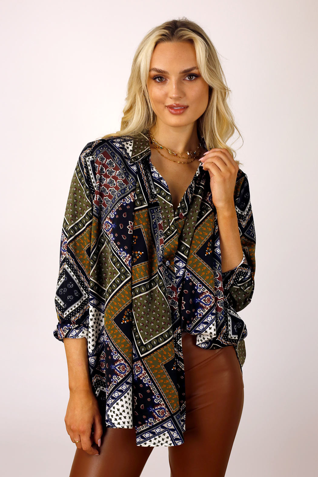 Khaki Patchwork Silky Drape Shirt - FINAL SALE