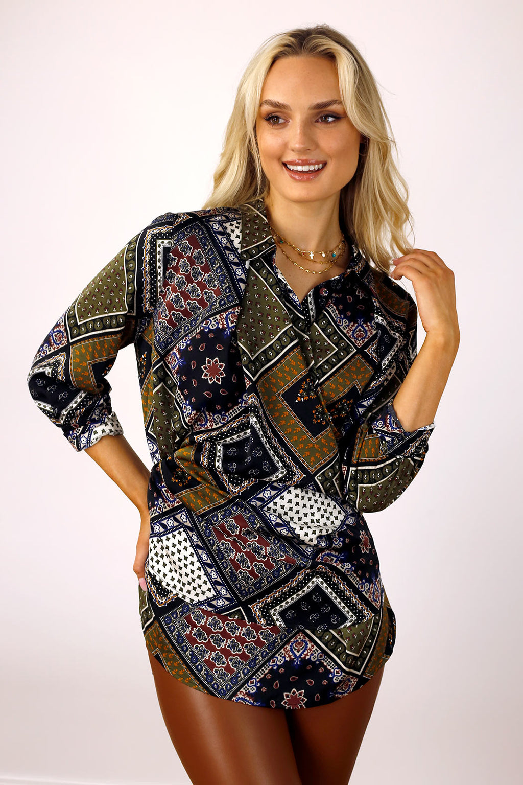 Khaki Patchwork Silky Drape Shirt - FINAL SALE