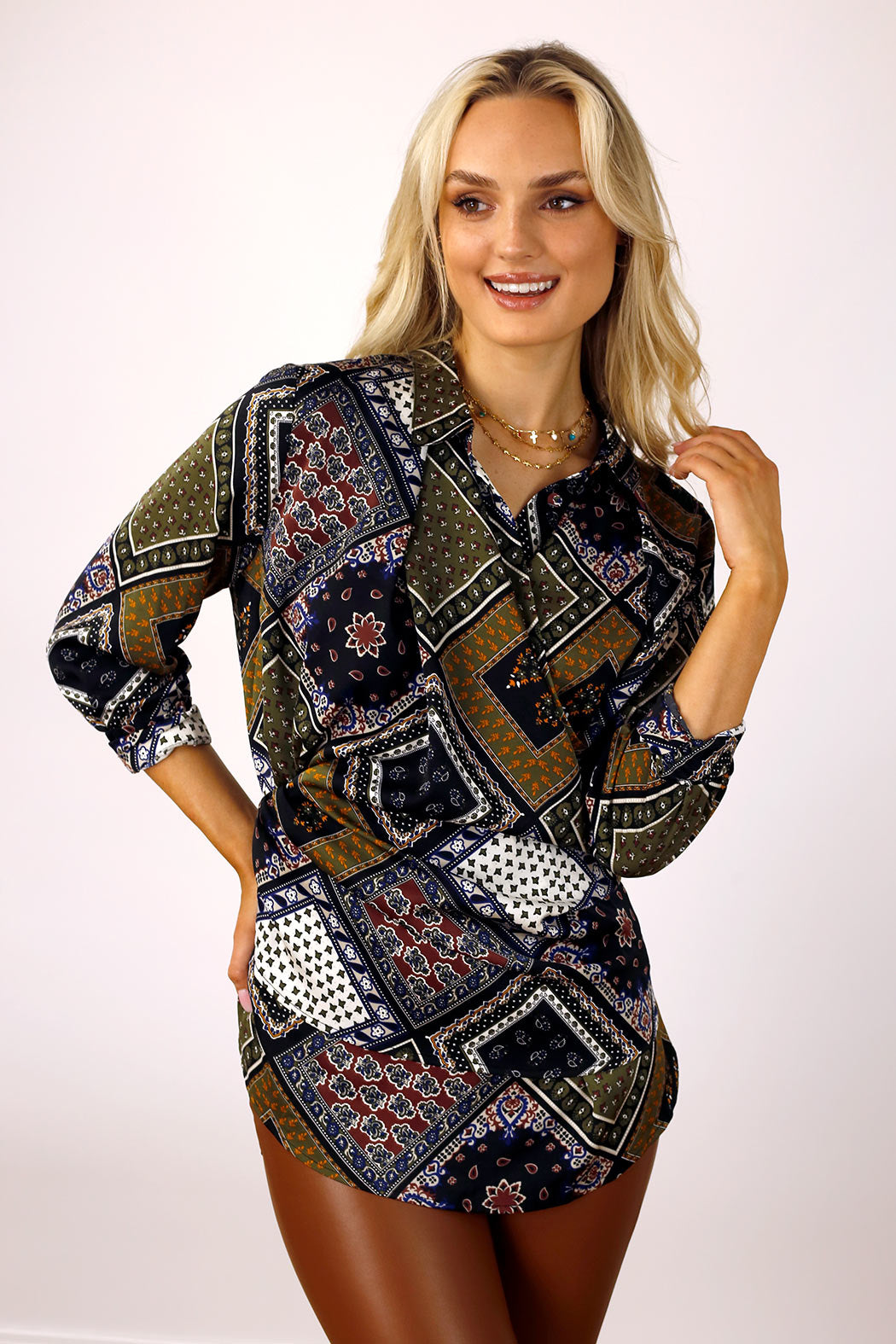 Khaki Patchwork Silky Drape Shirt - FINAL SALE
