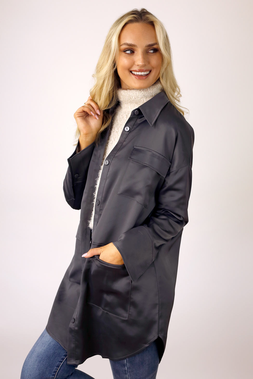 Grey Satin Shacket - FINAL SALE