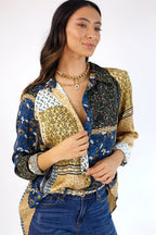 Blue Patchwork Silky Raglan Shirt - FINAL SALE