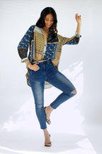 Blue Patchwork Silky Raglan Shirt - FINAL SALE