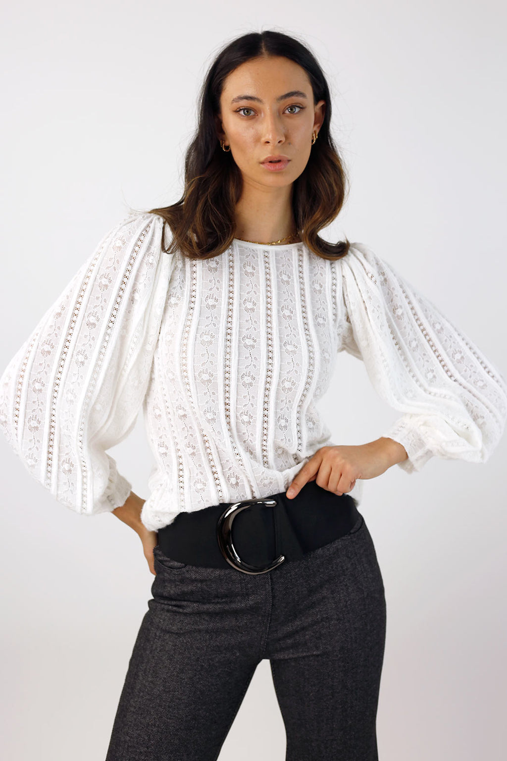 Ivory Stretch Lace Puff Top - FINAL SALE