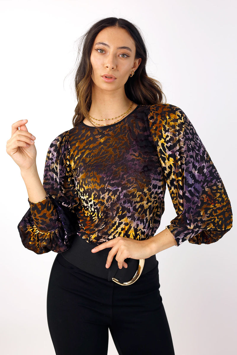 Purple and Gold Burnout Mesh Puff Top - FINAL SALE