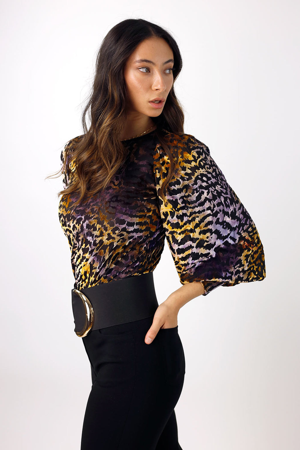 Purple and Gold Burnout Mesh Puff Top - FINAL SALE