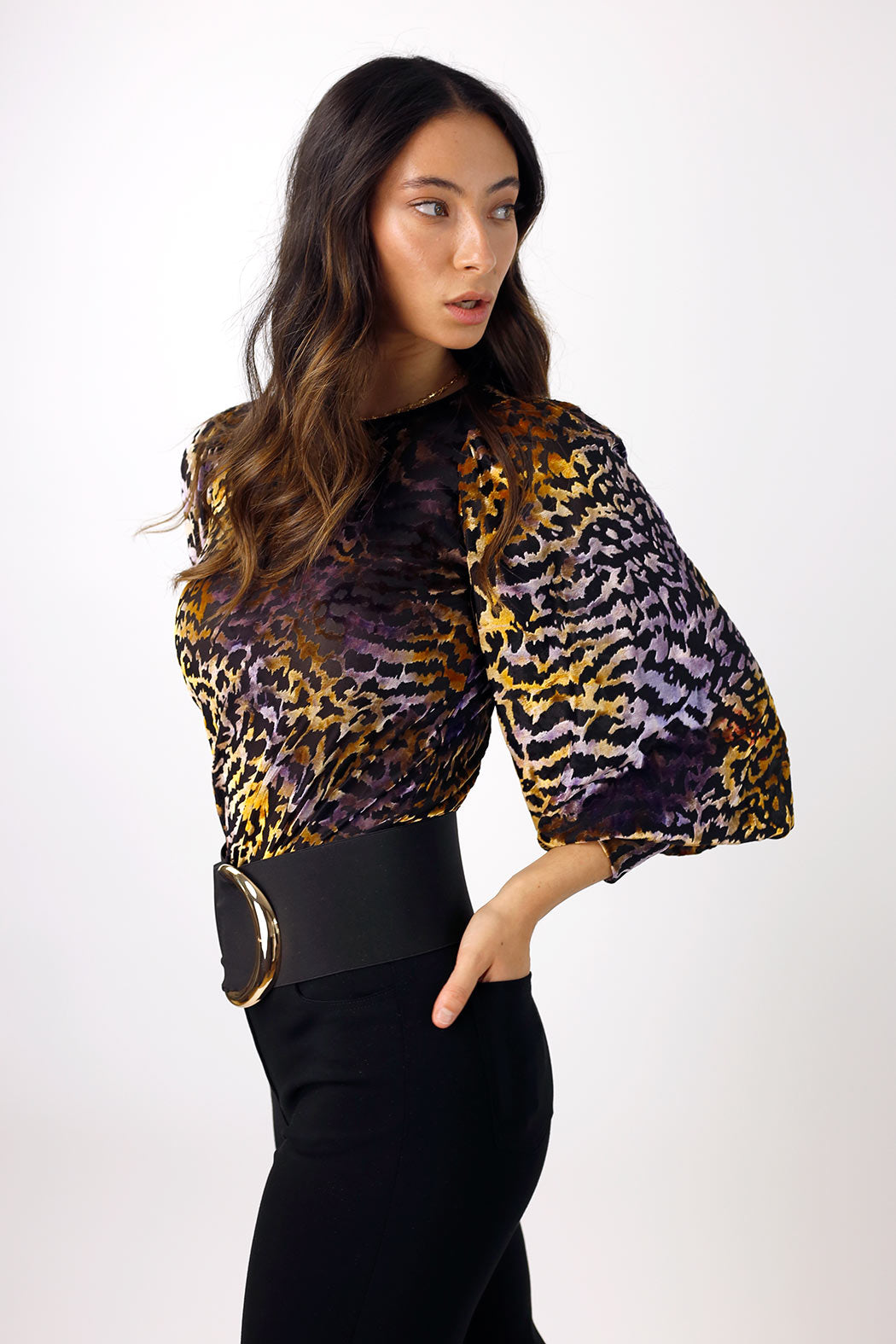 Purple and Gold Burnout Mesh Puff Top - FINAL SALE