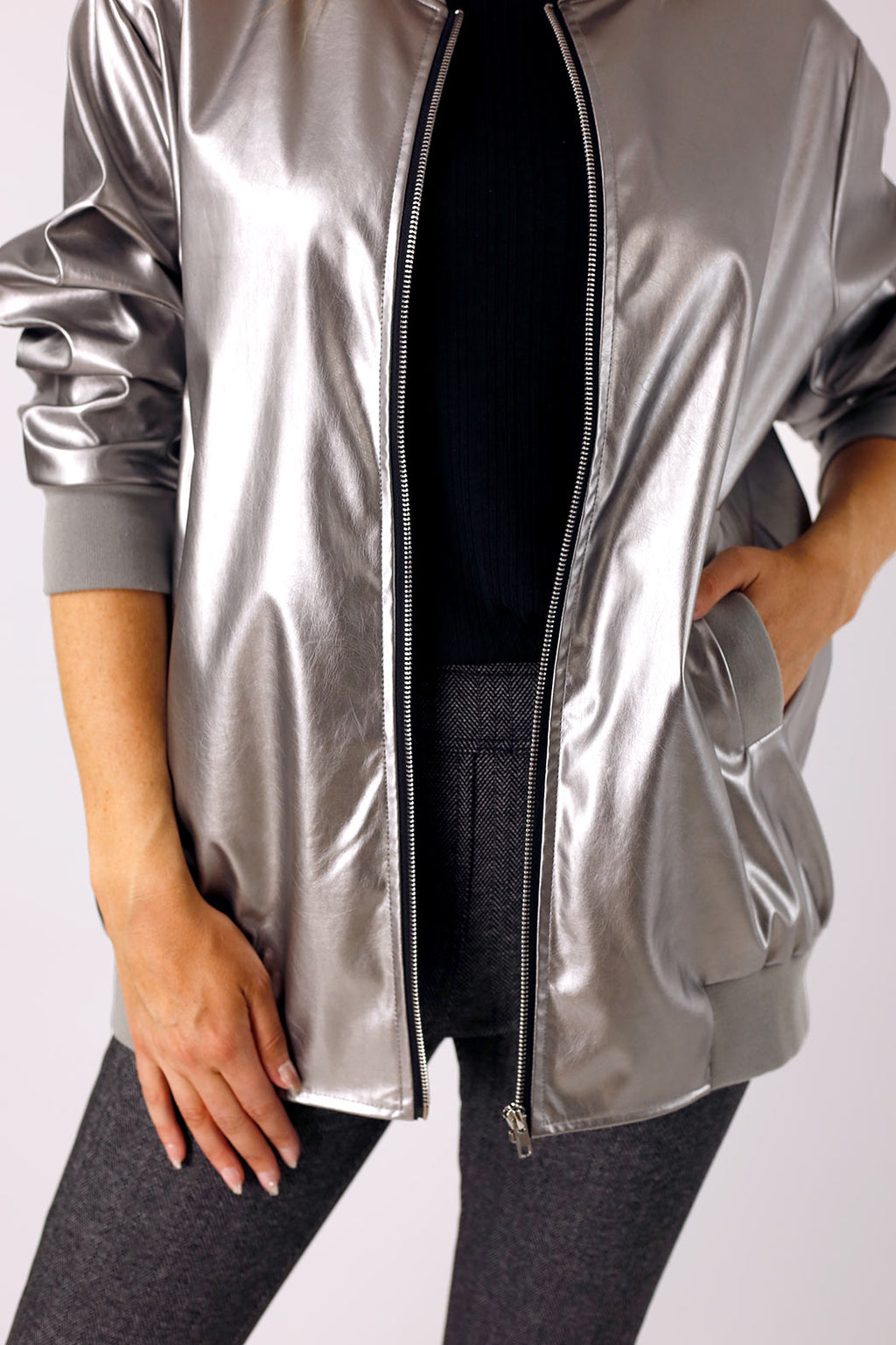 Silver Vegan Leather Bomber Jacket - SALE