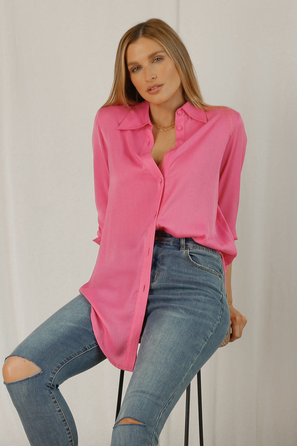 Pink Silky Boyfriend Maxi Shirt - SALE