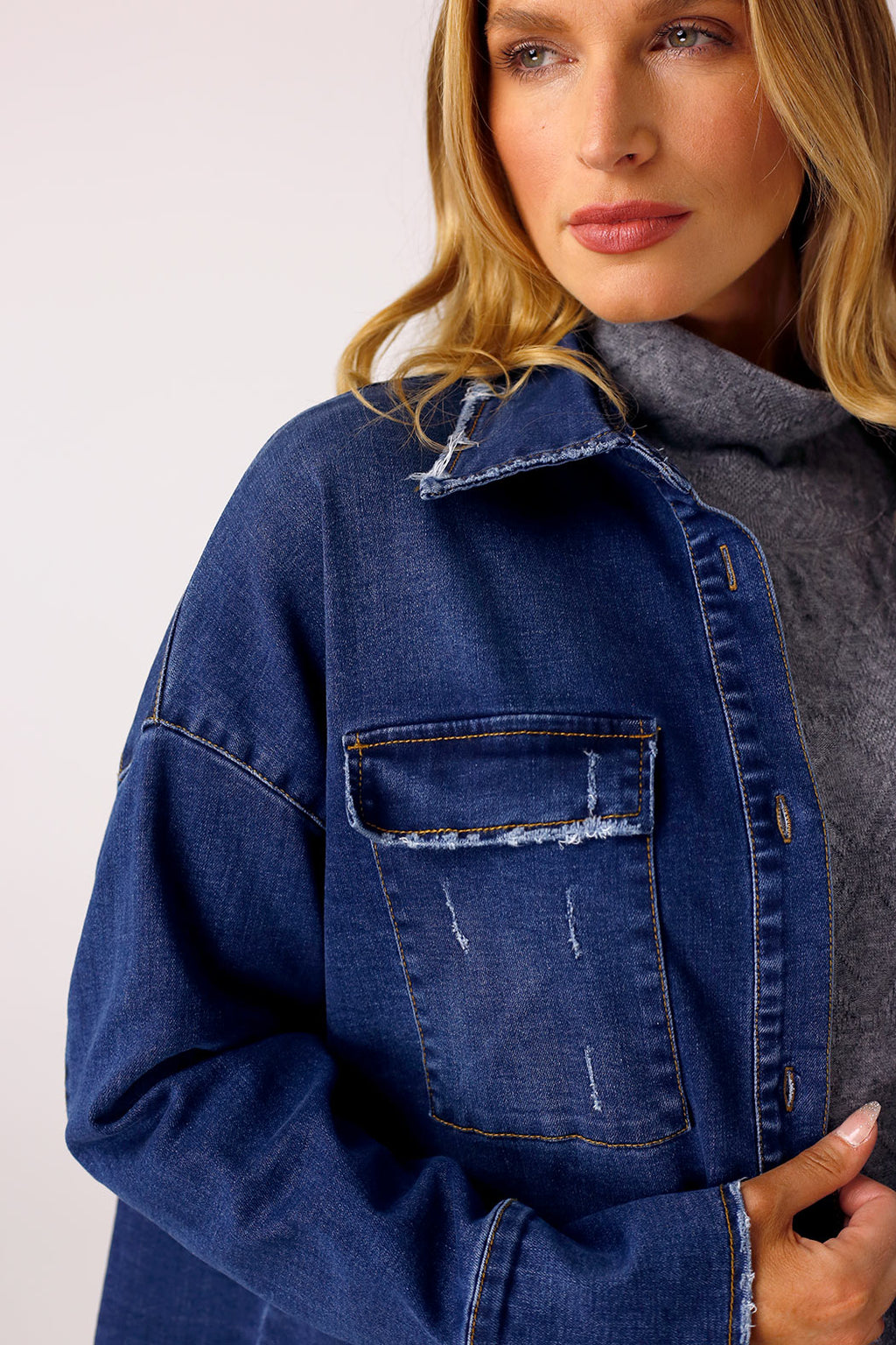 Mid Denim Crop Shacket - SALE