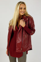 Burgundy Vegan Leather Biker Jacket - SALE