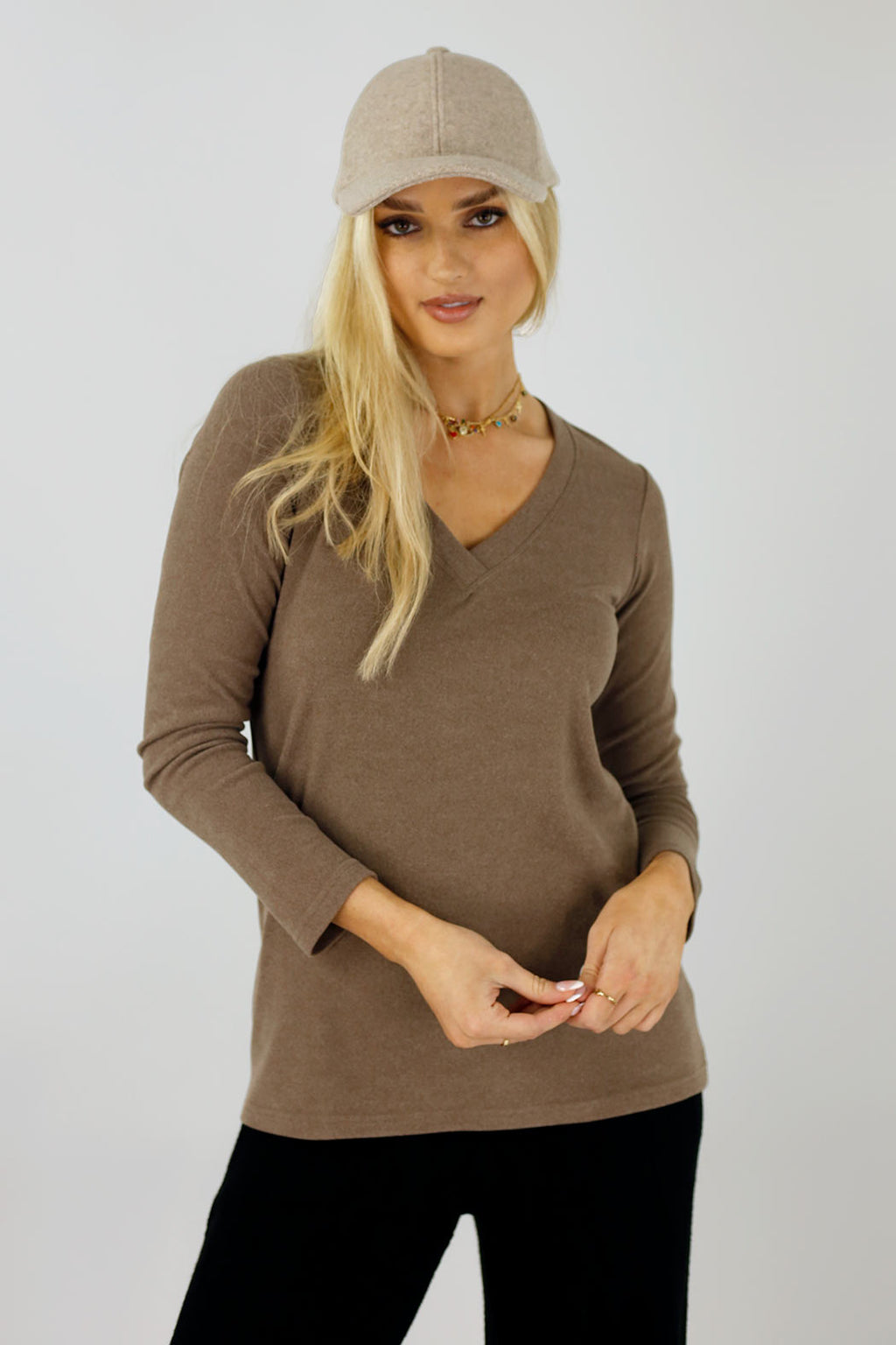Taupe Lush V Neck Top - FINAL SALE