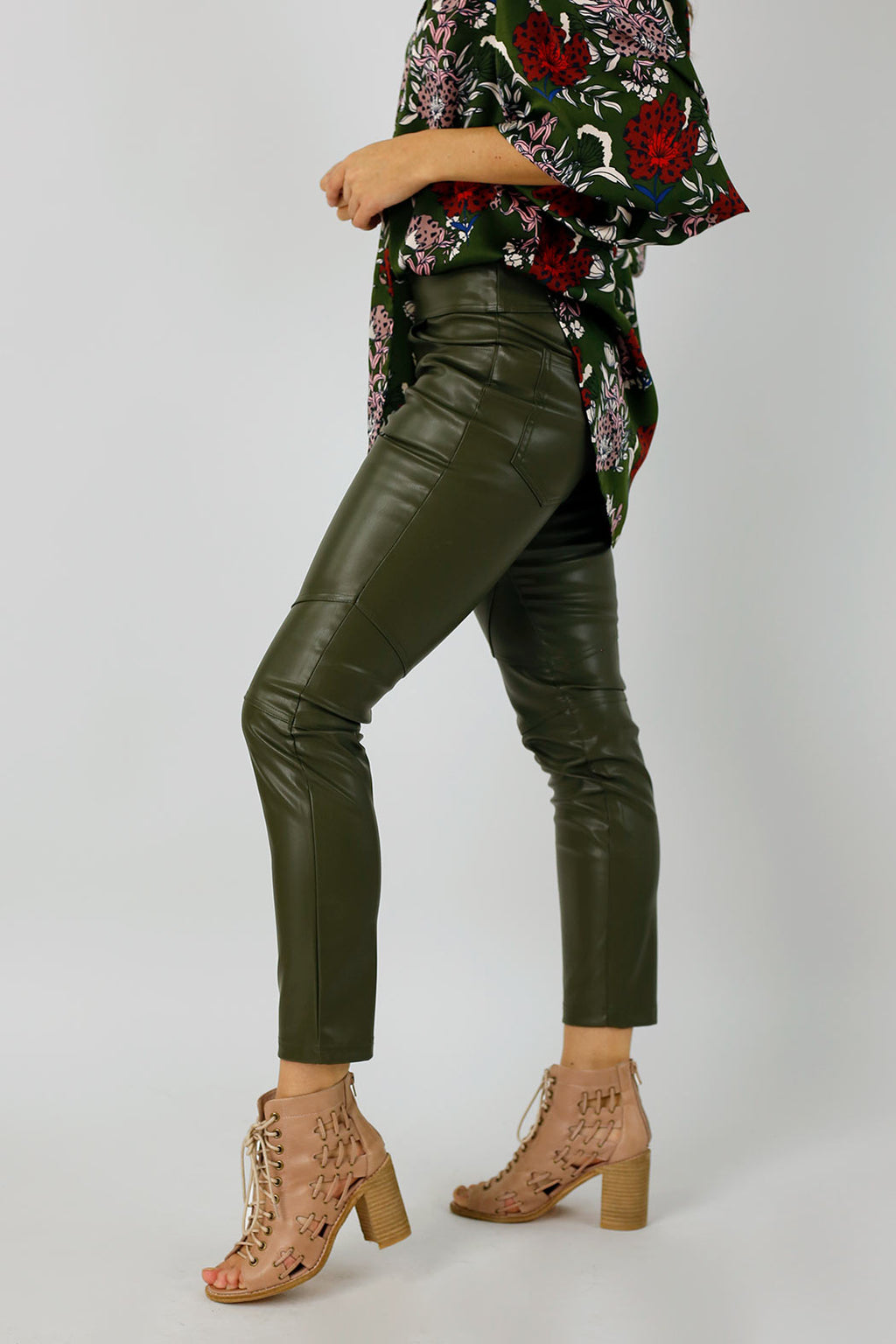 Khaki Vegan Leather Biker Pants - SALE