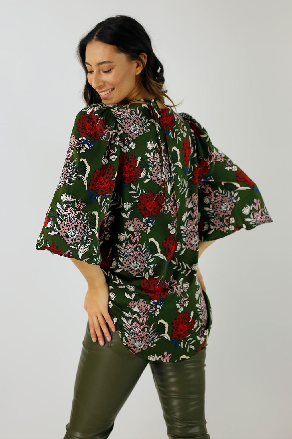Khaki Floral Silky Rae Blouse - SALE