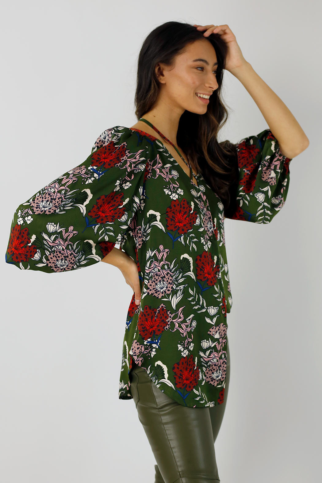 Khaki Floral Silky Rae Blouse - SALE