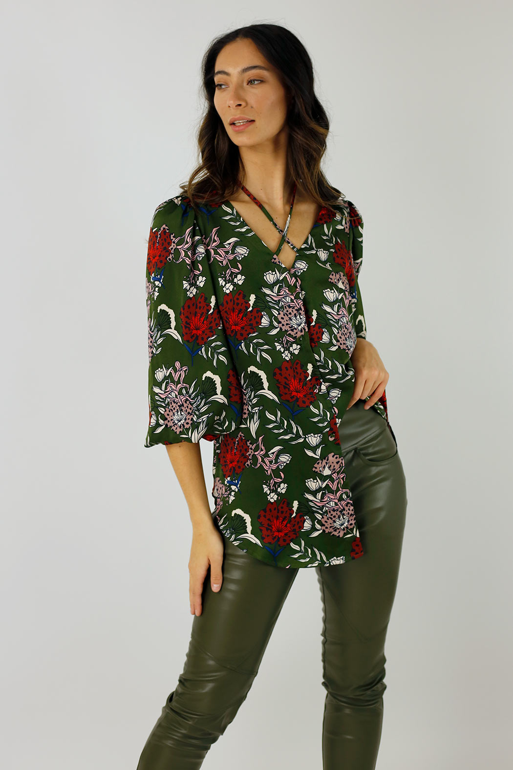 Khaki Floral Silky Rae Blouse - SALE