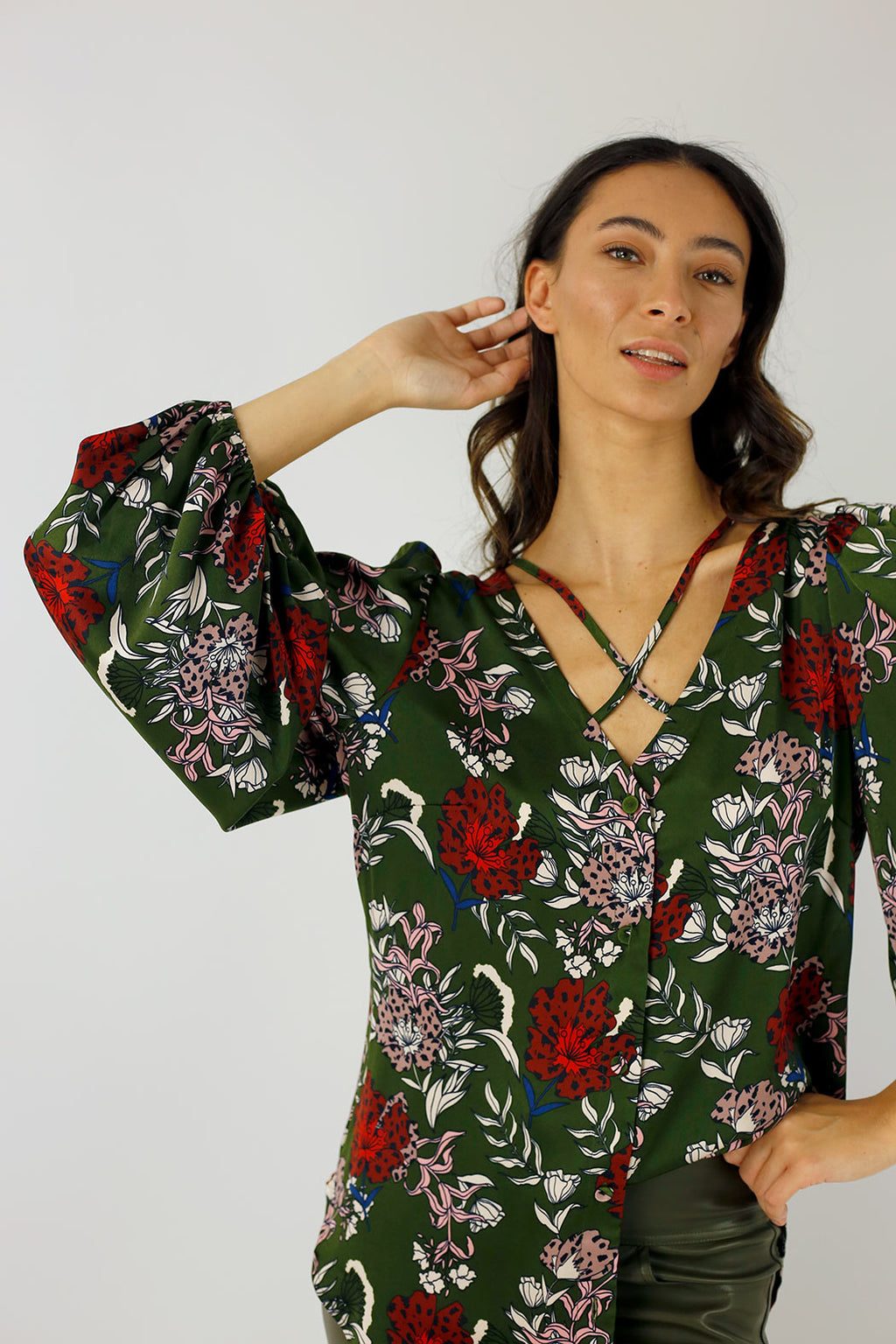Khaki Floral Silky Rae Blouse - SALE