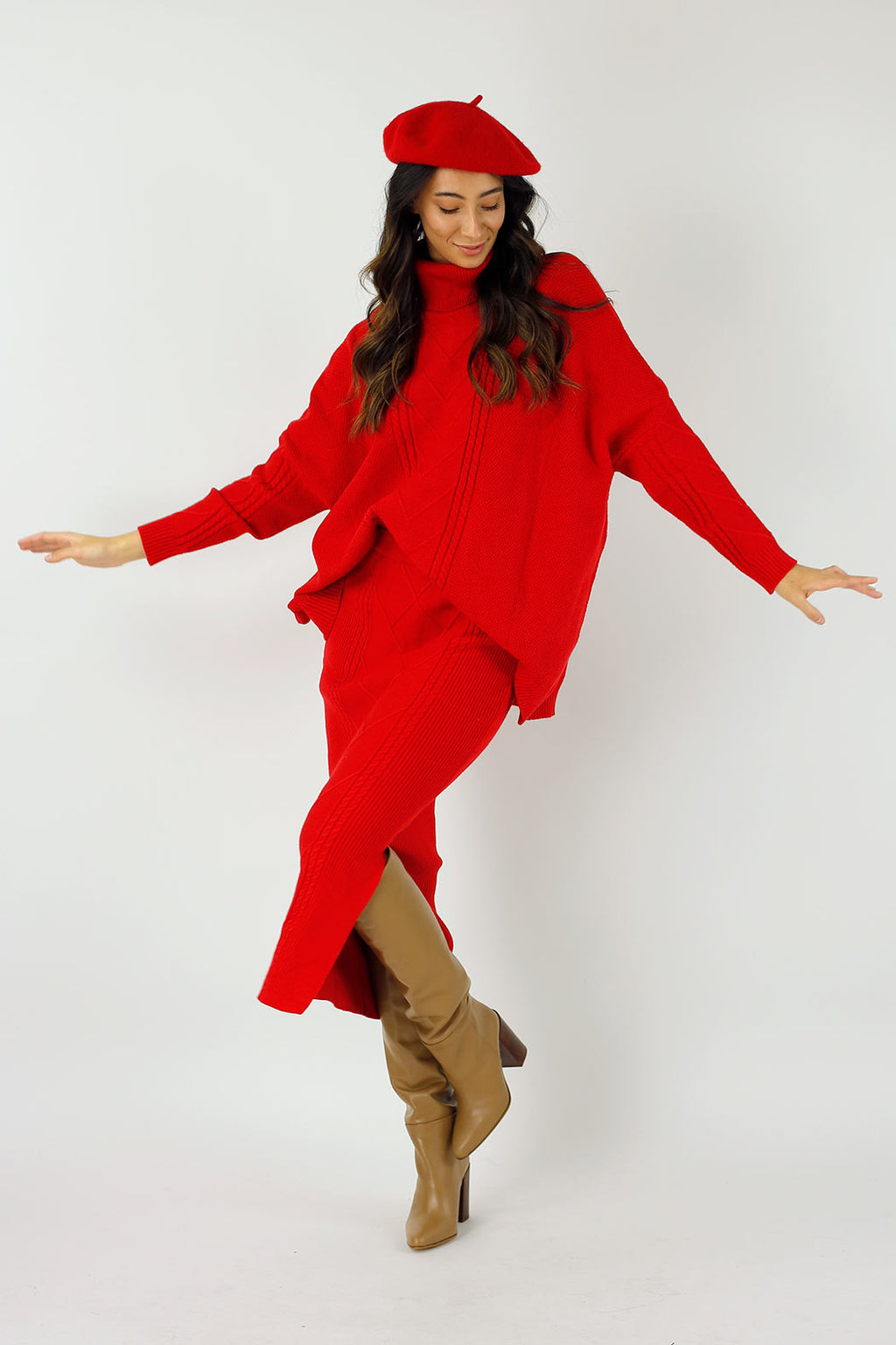 Red Cable Knit Midi Length Skirt - FINAL SALE