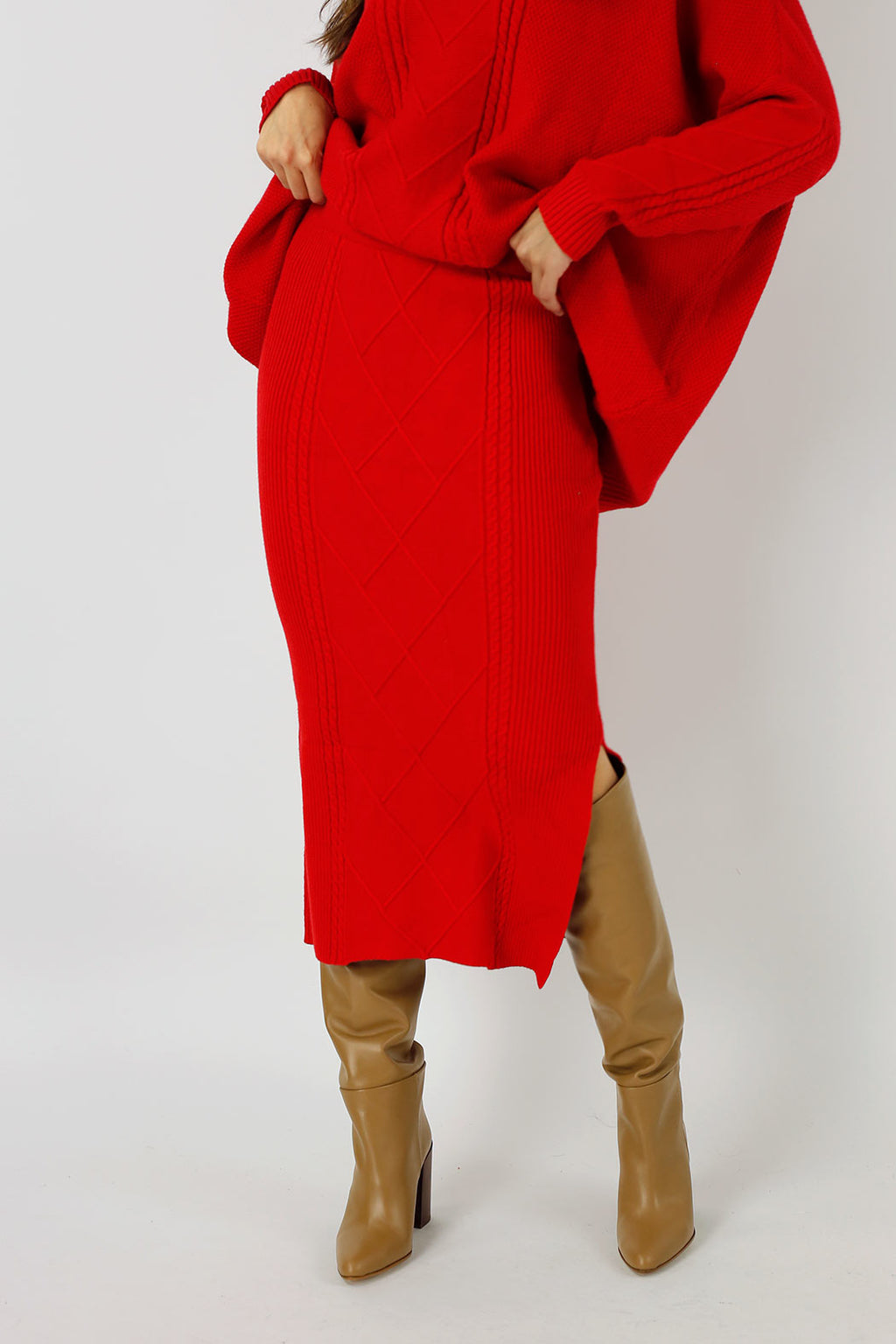 Red Cable Knit Midi Length Skirt - FINAL SALE