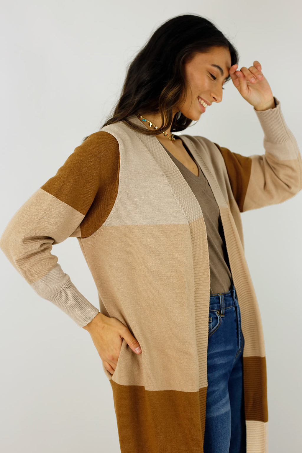 Beige Longline Block Cardi