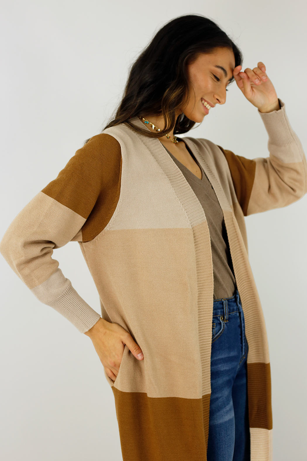 Beige Longline Block Cardi