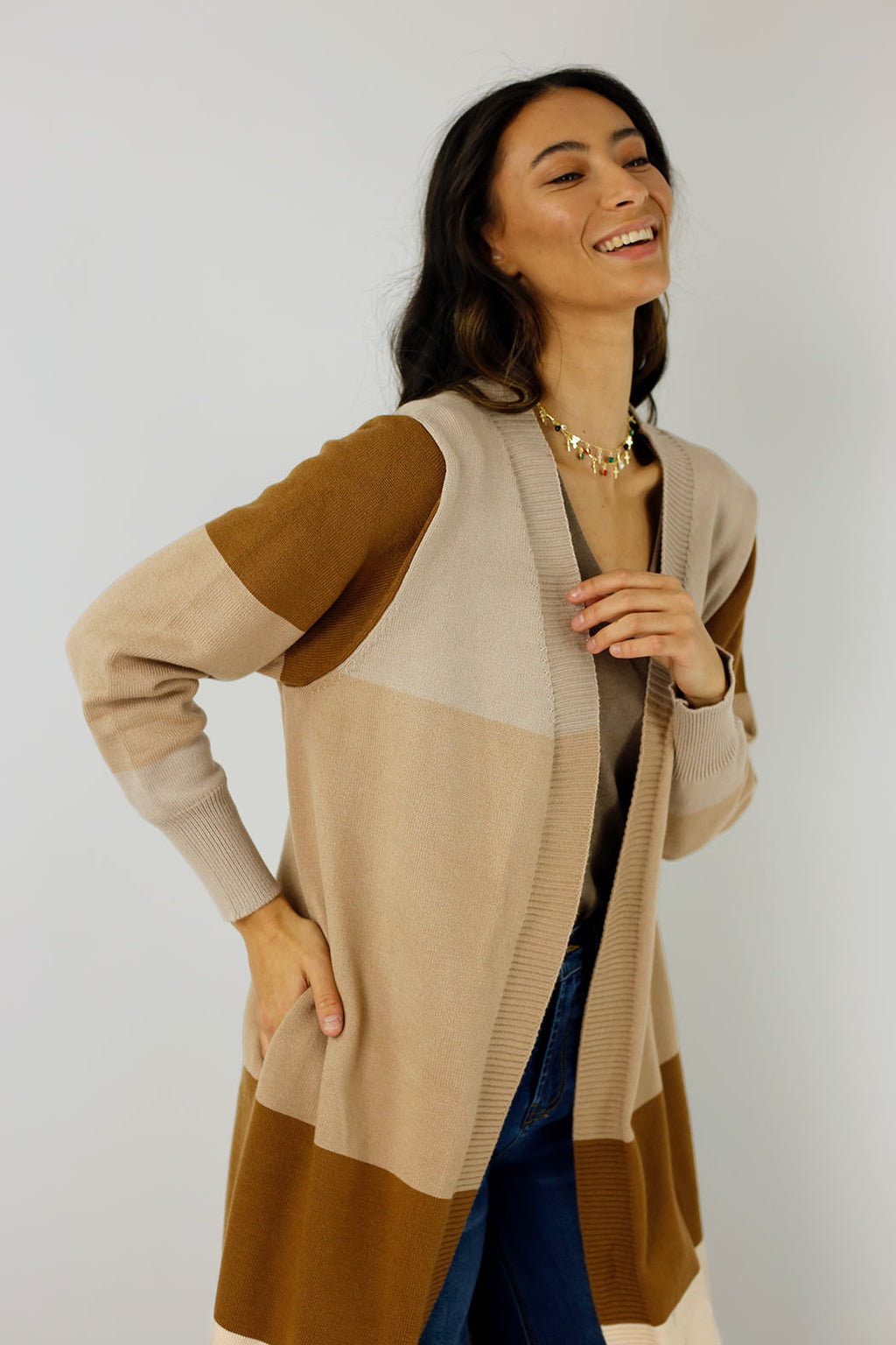 Beige Longline Block Cardi - SALE