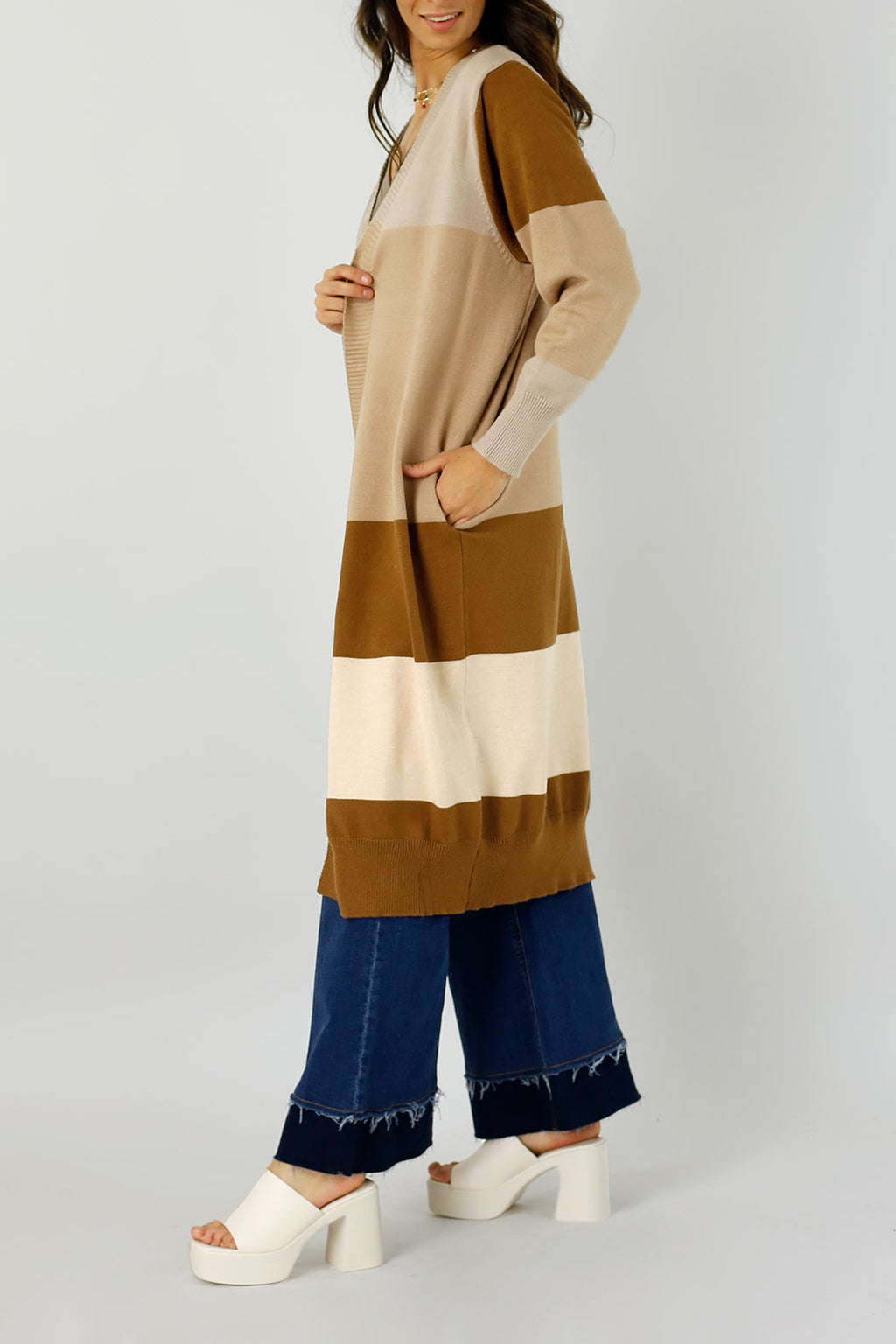 Beige Longline Block Cardi