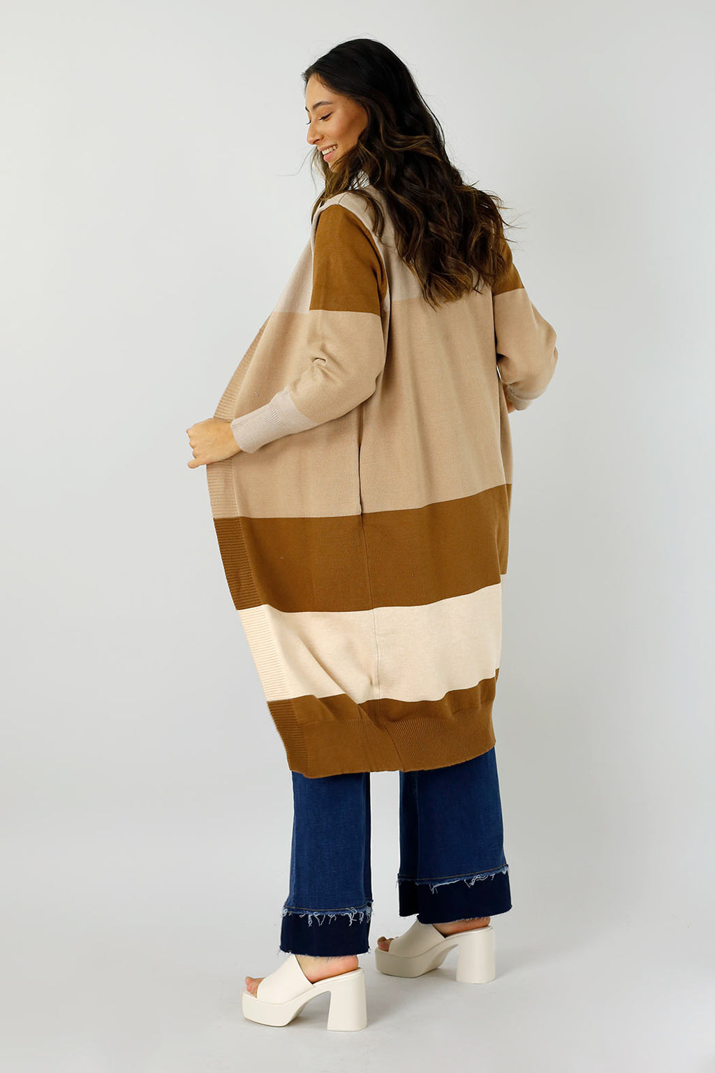 Beige Longline Block Cardi