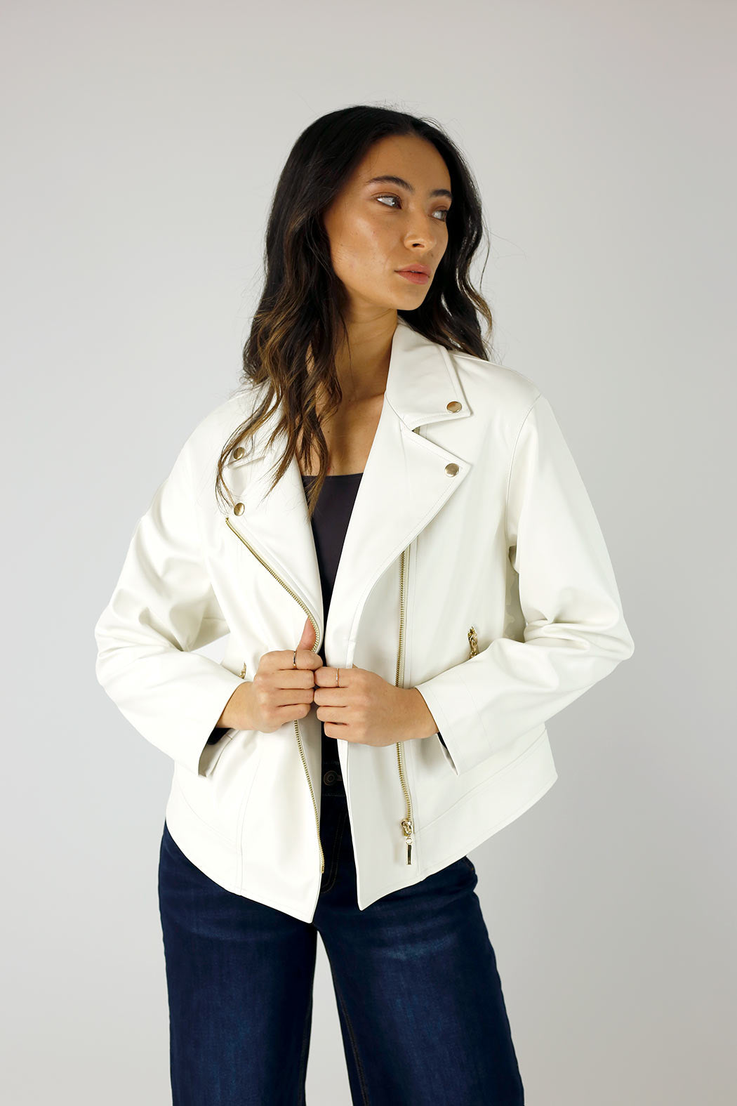 Off White Vegan Leather Mid Biker Jacket