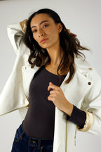 Off White Vegan Leather Mid Biker Jacket