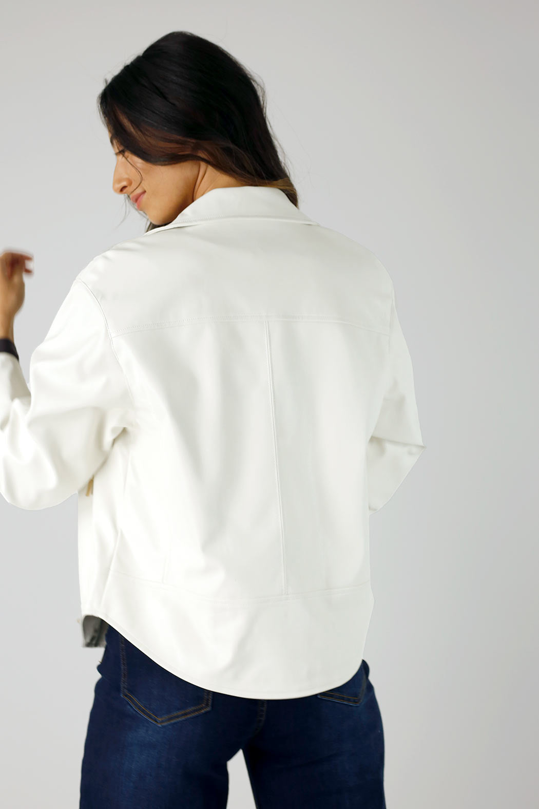 Off White Vegan Leather Mid Biker Jacket