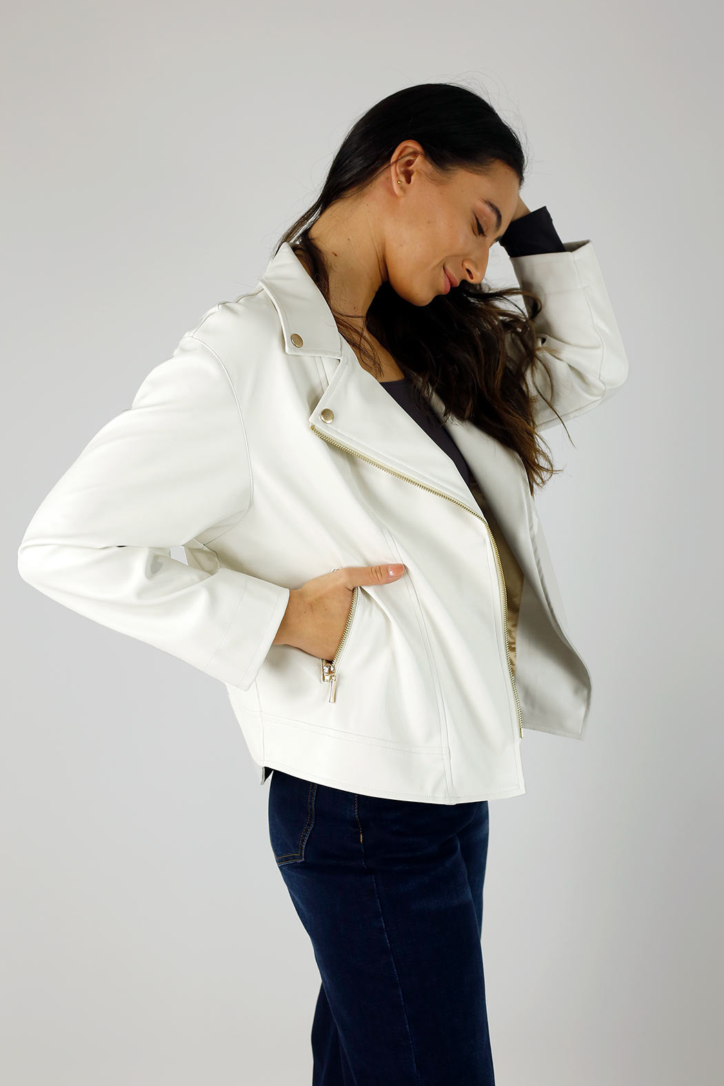 Off White Vegan Leather Mid Biker Jacket