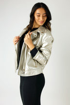 Silver Vegan Leather Mid Biker Jacket - NT
