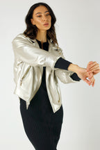 Silver Vegan Leather Mid Biker Jacket - NT