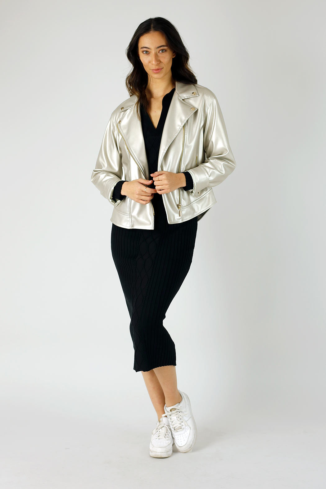 Silver Vegan Leather Mid Biker Jacket - FINAL SALE
