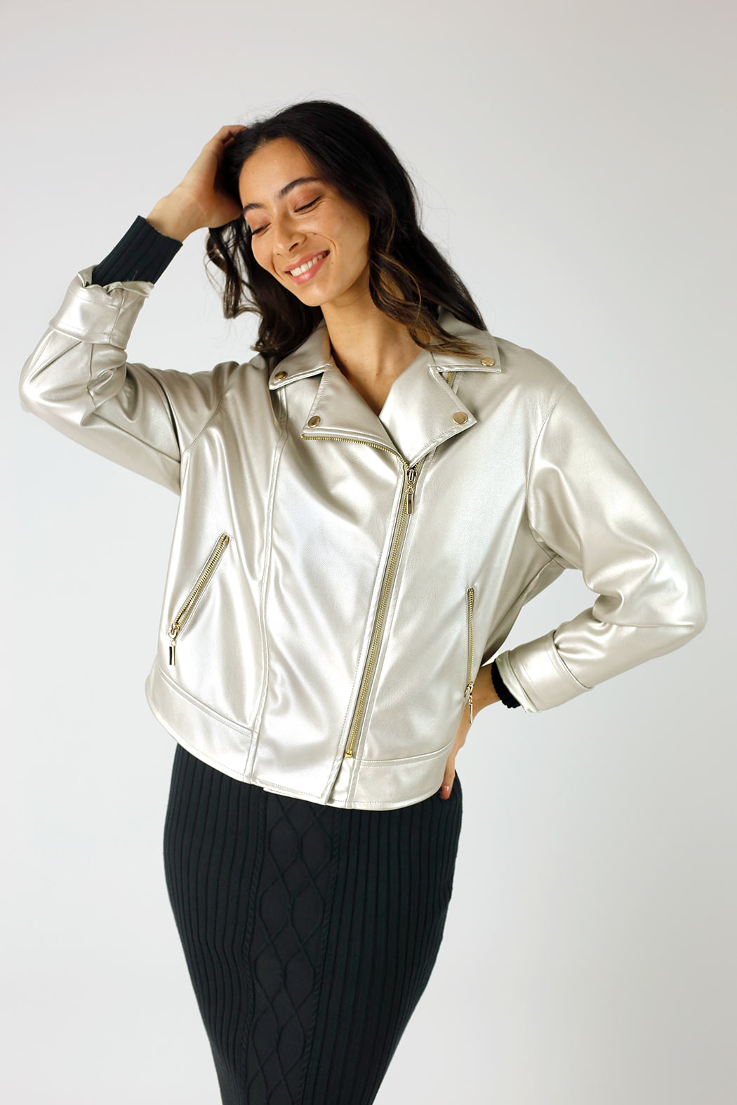 Silver Vegan Leather Mid Biker Jacket - FINAL SALE