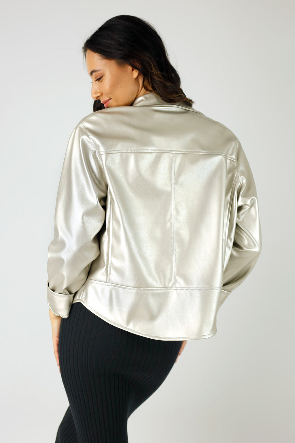 Silver Vegan Leather Mid Biker Jacket - FINAL SALE