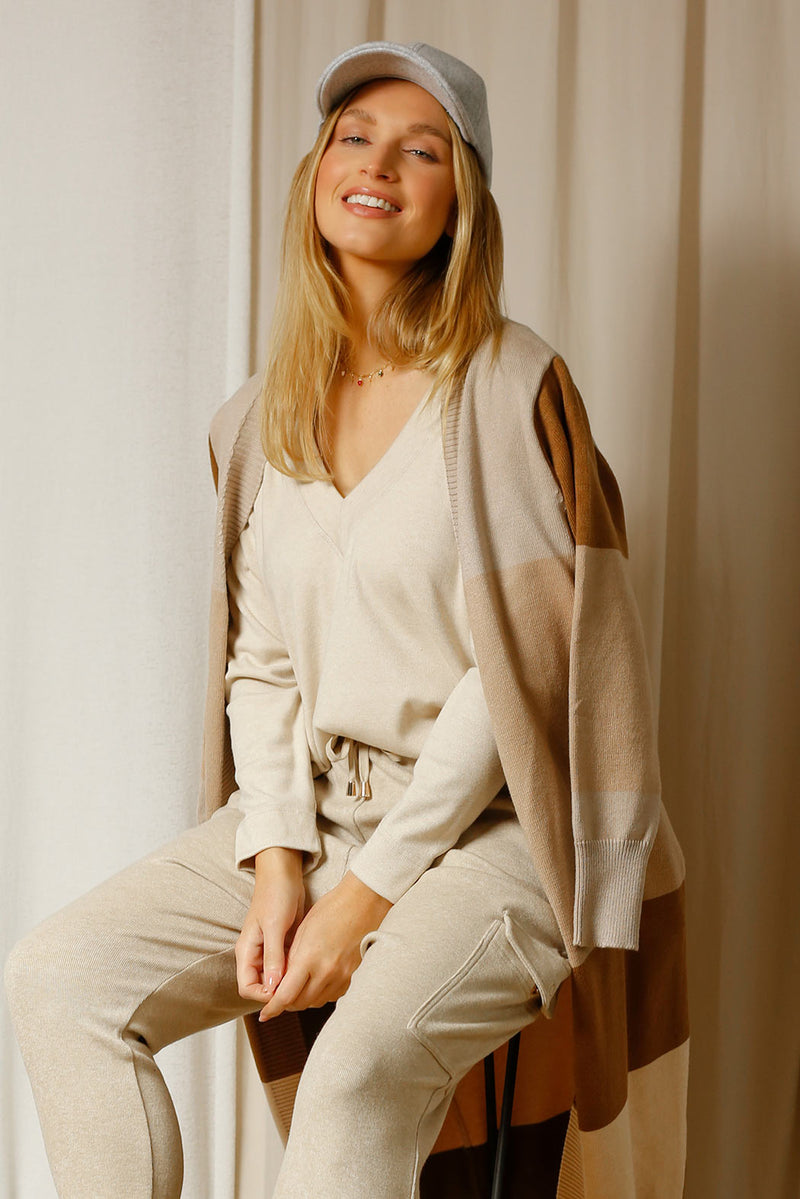 Oatmeal Woolly Plain Vee Jumper - FINAL SALE