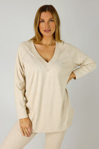 Oatmeal Woolly Plain Vee Jumper - FINAL SALE