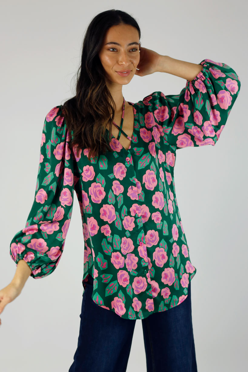Pink and Green Floral Silky Rae Blouse - SALE
