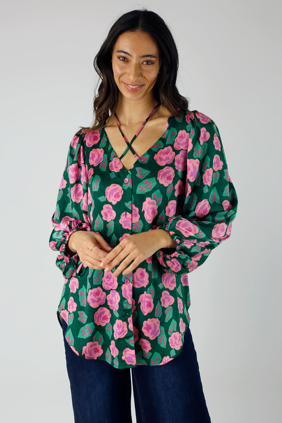 Pink and Green Floral Silky Rae Blouse - SALE