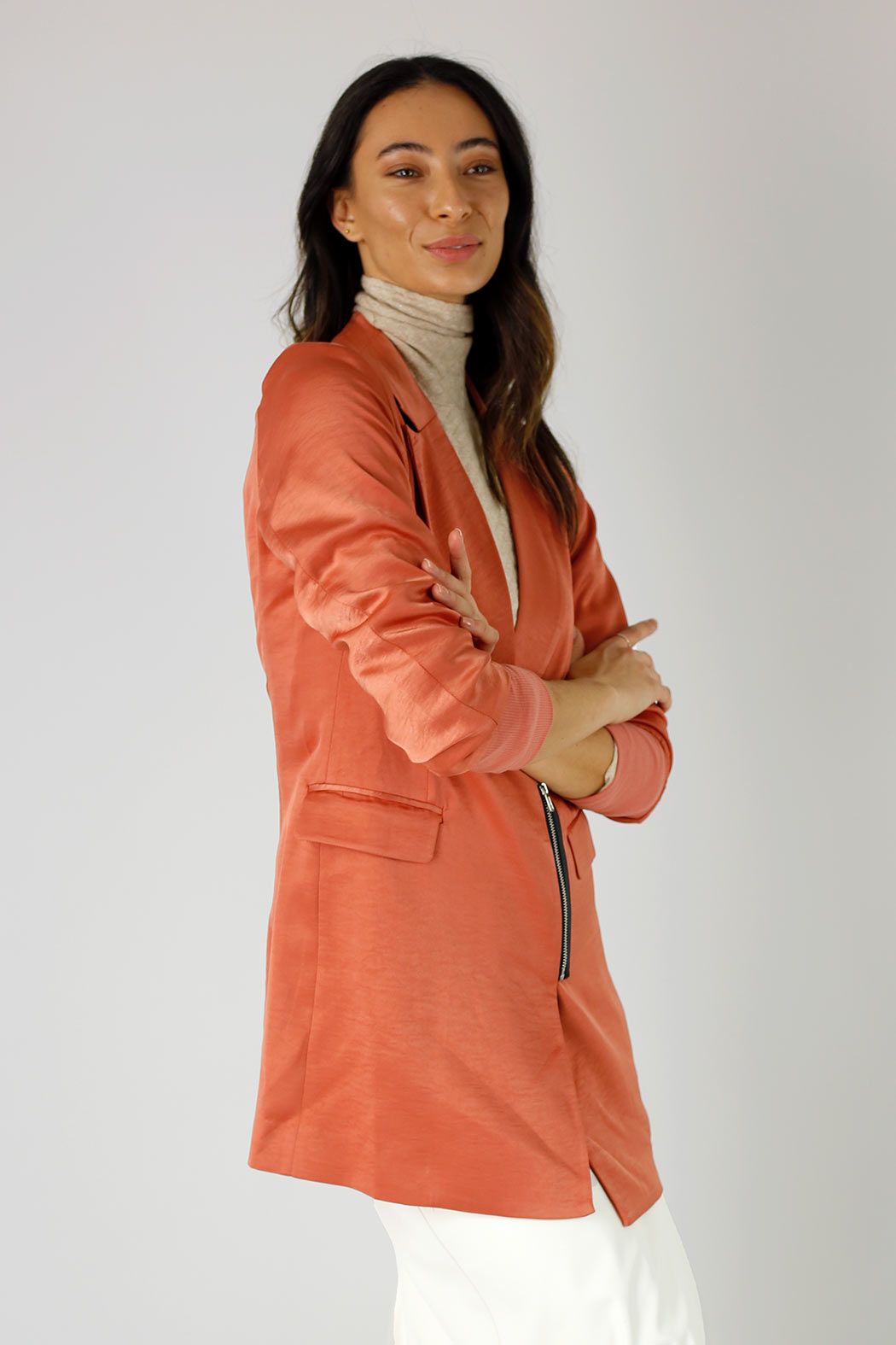 Deep Peach Satin Zippy Blazer - FINAL SALE