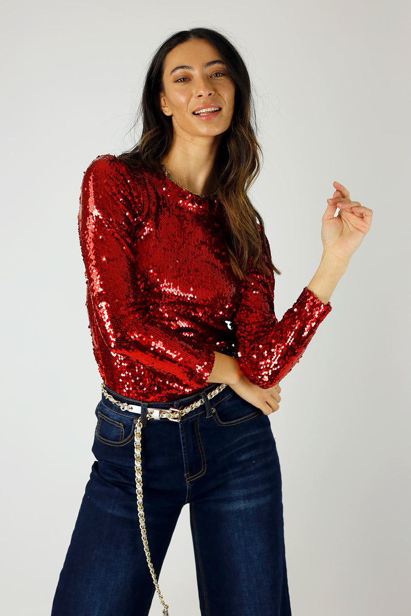 Red Sequin Crew Top - FINAL SALE