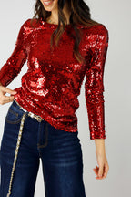 Red Sequin Crew Top - FINAL SALE