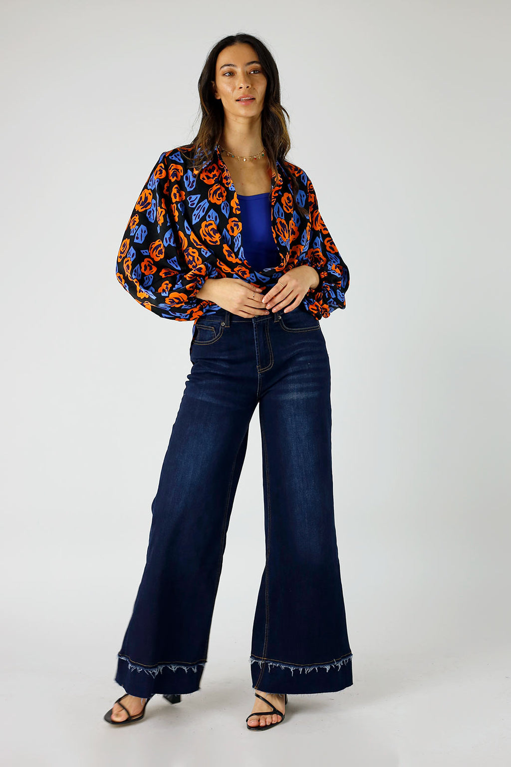 Orange Floral Puff Sleeve Zhoush Shirt - FINAL SALE