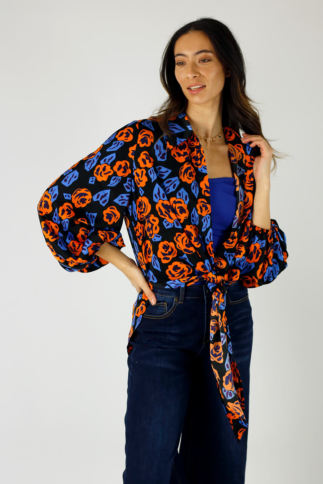 Orange Floral Puff Sleeve Zhoush Shirt - FINAL SALE