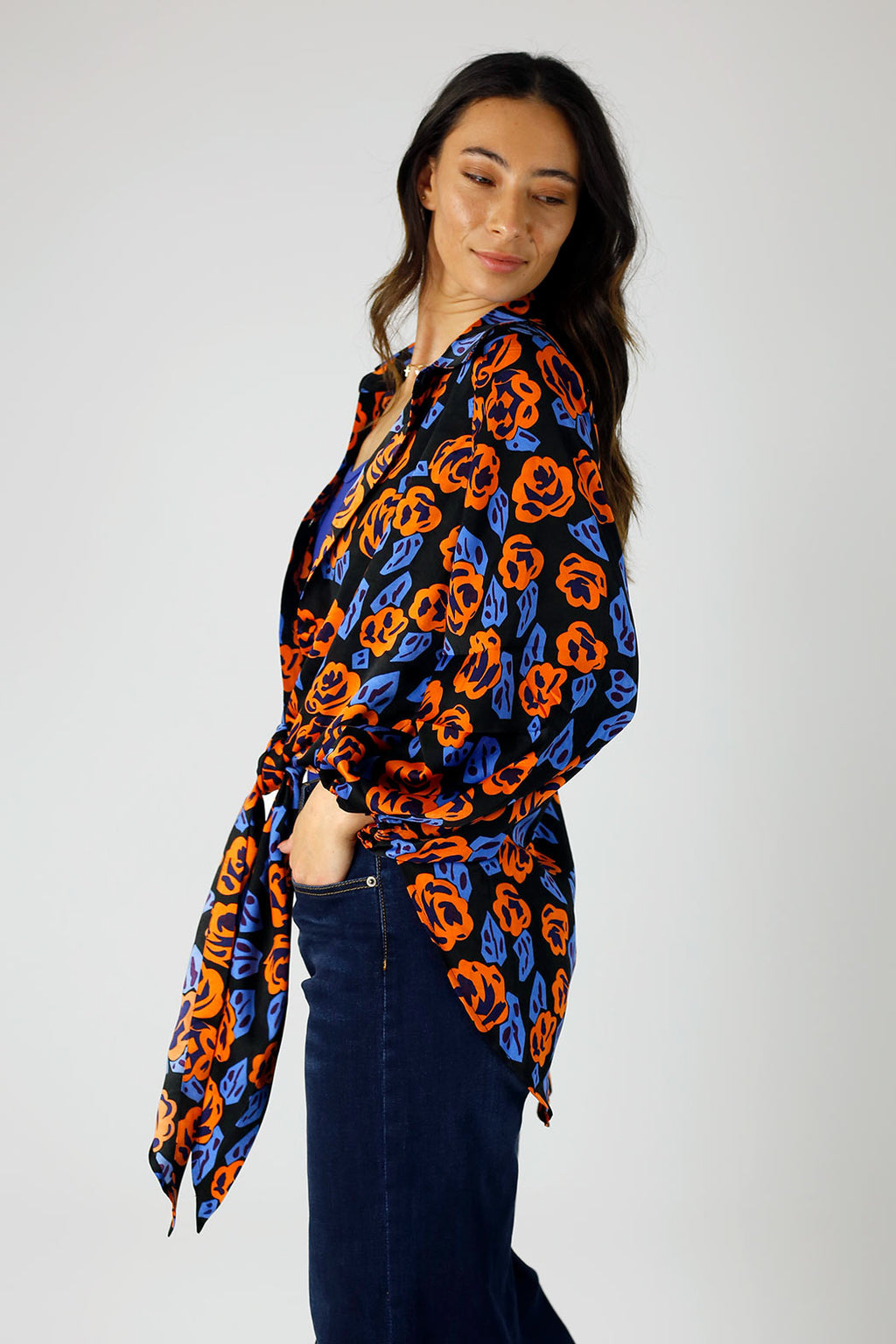 Orange Floral Puff Sleeve Zhoush Shirt - FINAL SALE