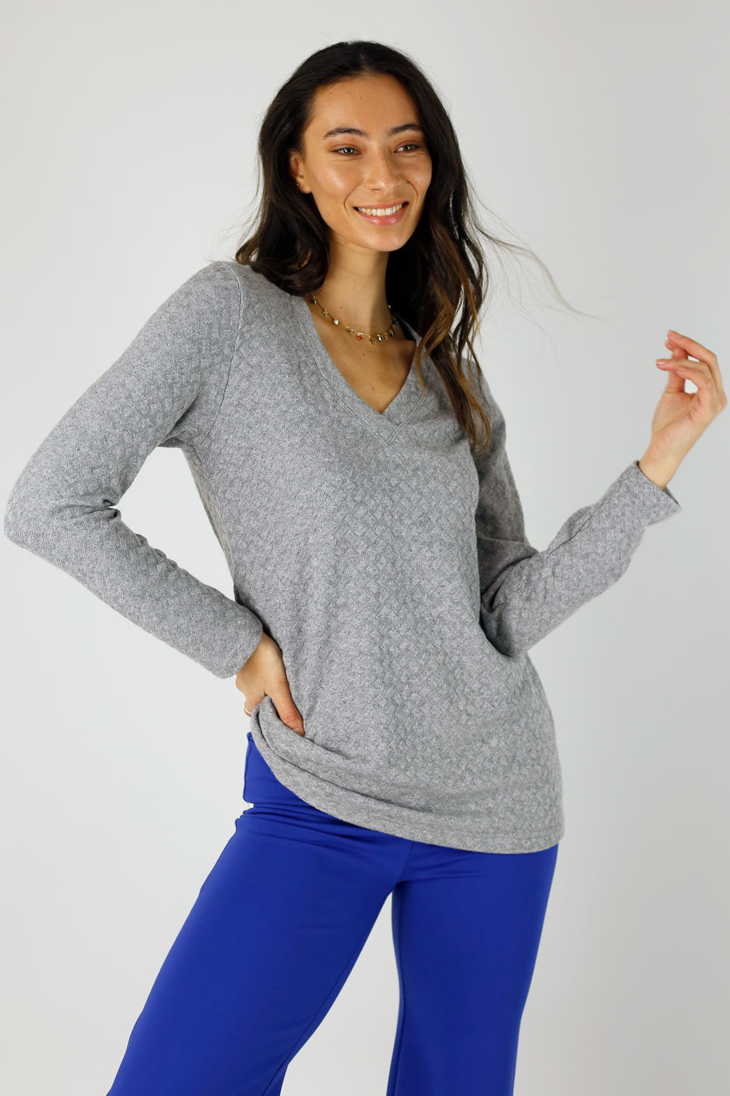 Grey Sparkle V Neck Top - SALE