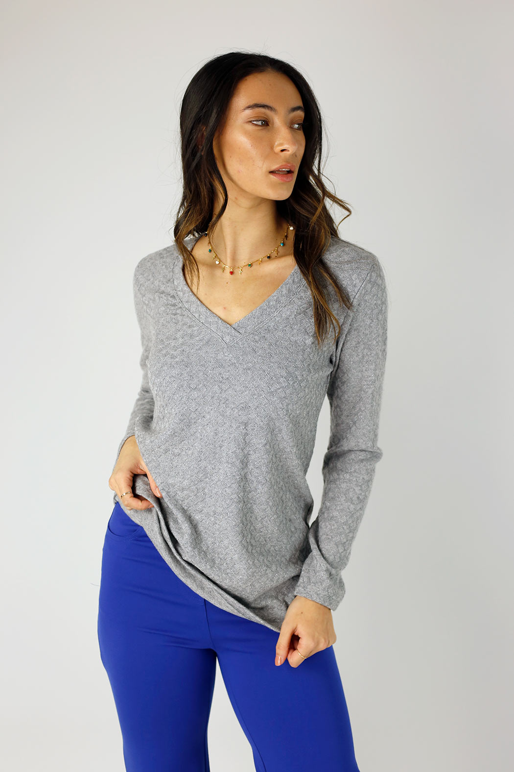 Grey Sparkle V Neck Top - SALE