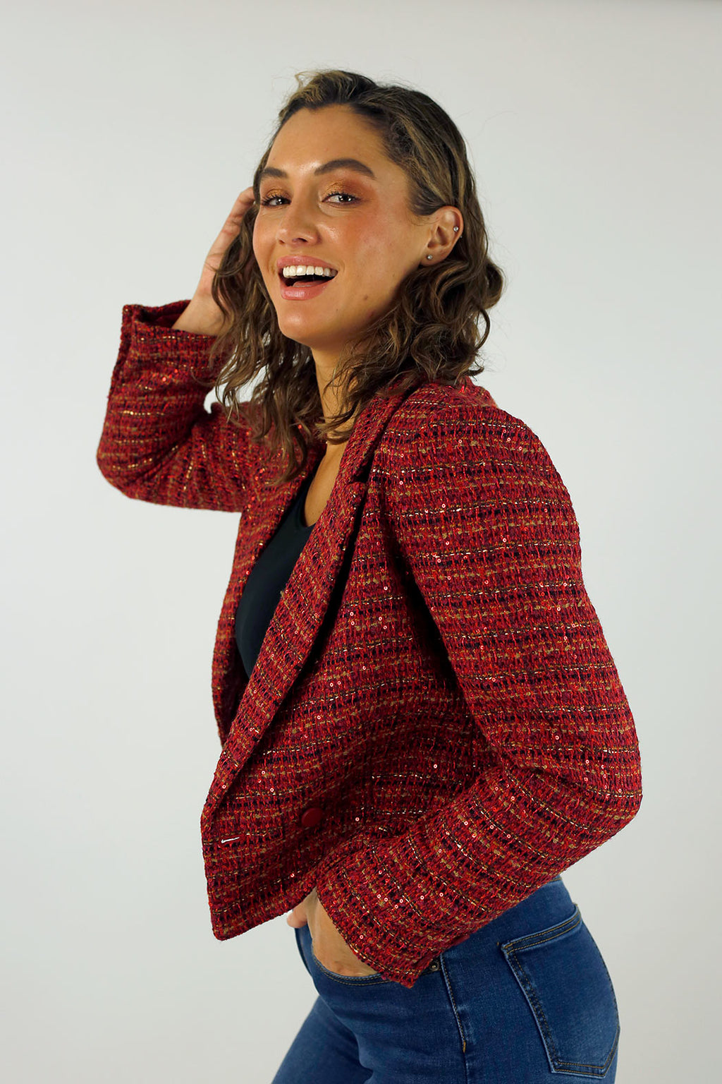 Red Cropped Tweed Jacket - SALE