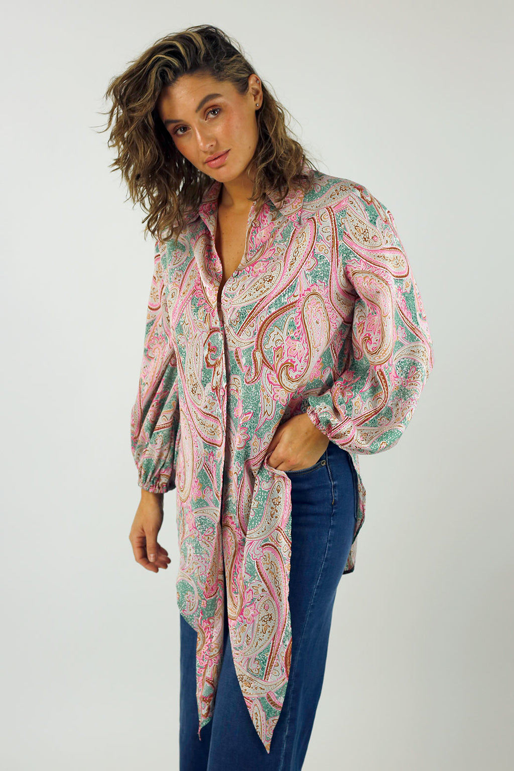 Pink Paisley Puff Sleeve Tie Shirt - SALE